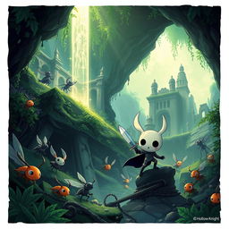 A beautifully detailed illustration inspired by the game Hollow Knight, featuring the main character, a small, brave knight with a round head and delicate body, wielding a shiny nail weapon