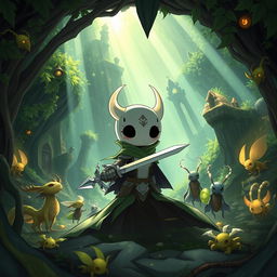 A beautifully detailed illustration inspired by the game Hollow Knight, featuring the main character, a small, brave knight with a round head and delicate body, wielding a shiny nail weapon