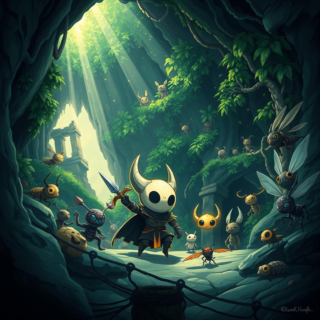 A beautifully detailed illustration inspired by the game Hollow Knight, featuring the main character, a small, brave knight with a round head and delicate body, wielding a shiny nail weapon