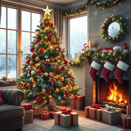 A cozy winter scene featuring a beautifully decorated Christmas tree in a living room