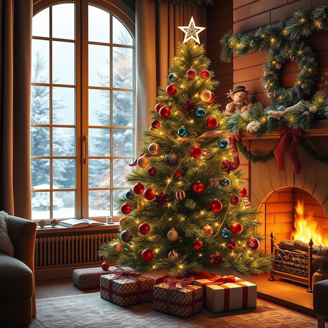 A cozy winter scene featuring a beautifully decorated Christmas tree in a living room