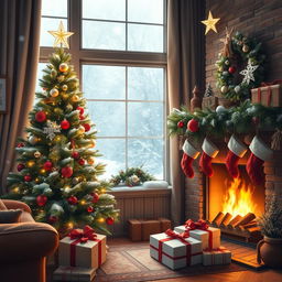 A cozy winter scene featuring a beautifully decorated Christmas tree in a living room