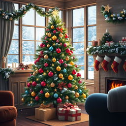 A cozy winter scene featuring a beautifully decorated Christmas tree in a living room