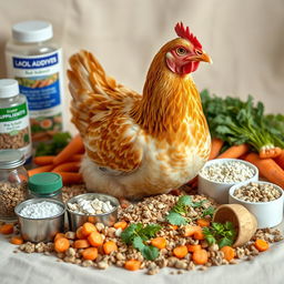 A realistic depiction of a laying hen in the center of the image, surrounded by its feed, including various poultry supplements and additives