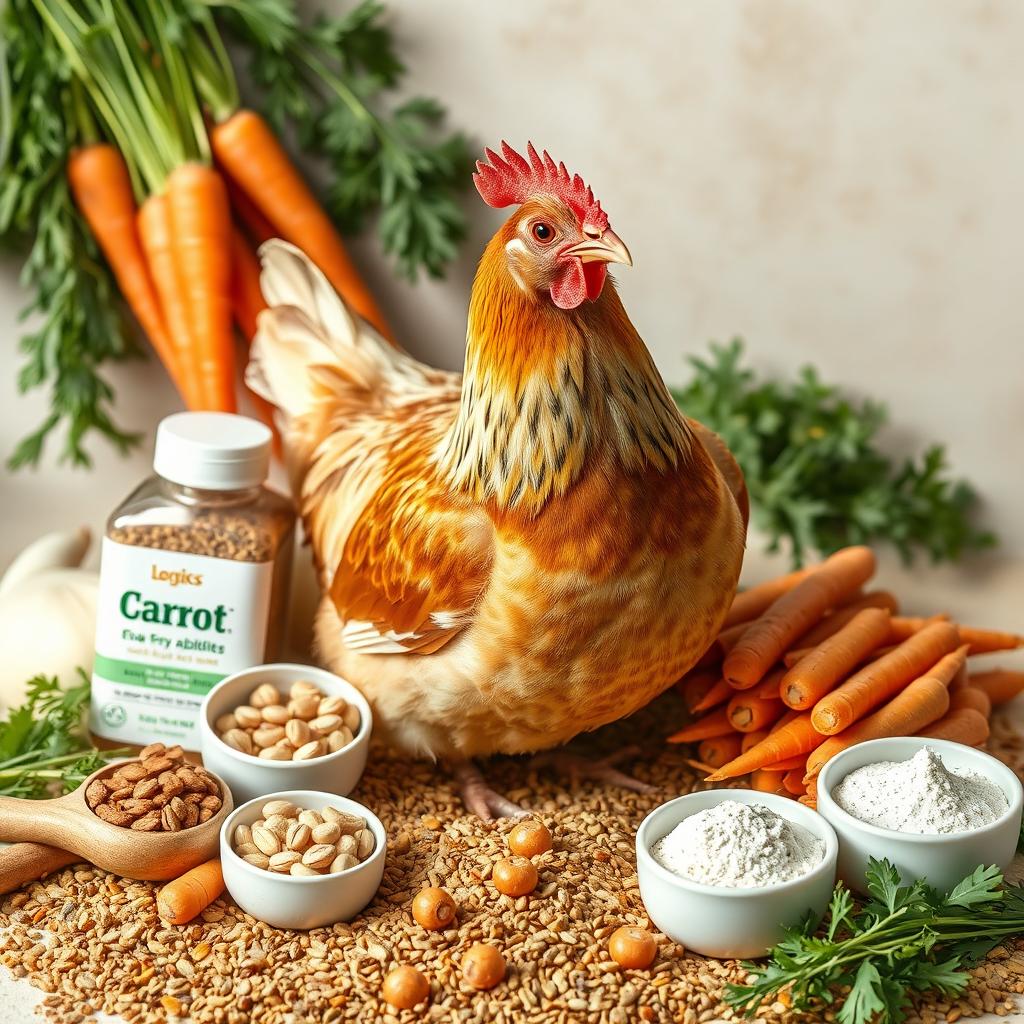 A realistic depiction of a laying hen in the center of the image, surrounded by its feed, including various poultry supplements and additives