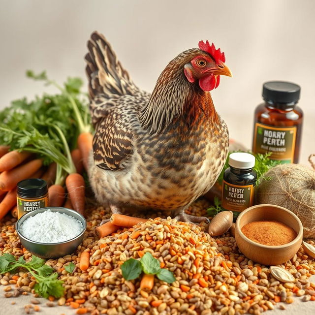 A realistic depiction of a laying hen in the center of the image, surrounded by its feed, including various poultry supplements and additives