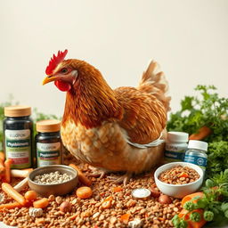 A realistic depiction of a laying hen in the center of the image, surrounded by its feed, including various poultry supplements and additives