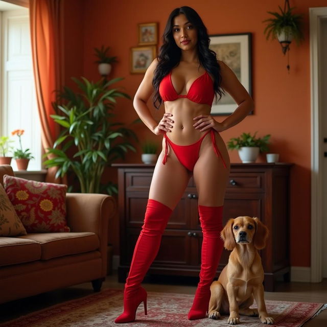 An Indian woman in her 40s confidently showcasing her curvaceous figure in a vibrant red bikini set and thigh-high boots, standing in her cozy room