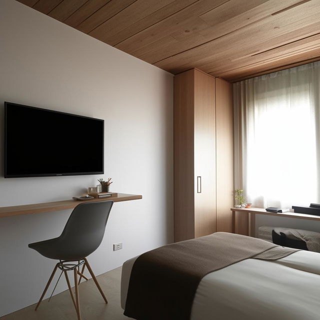 Design a 10.65 square meter room furnished with a desk, bed, cupboard and featuring a 65-inch wall-mounted TV.