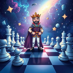 A whimsical illustration of a chess-themed space landscape featuring a regal prince character