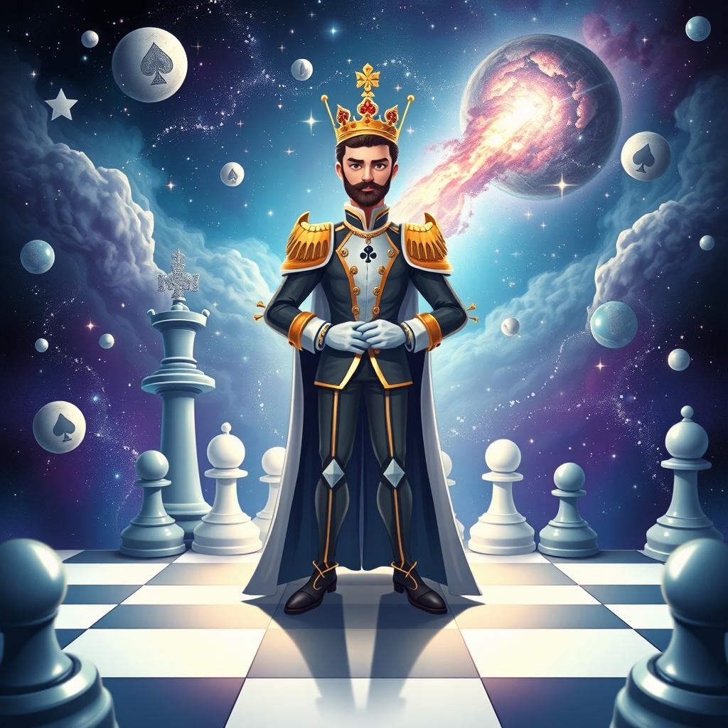 A whimsical illustration of a chess-themed space landscape featuring a regal prince character