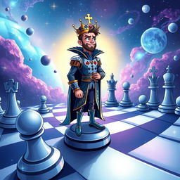 A whimsical illustration of a chess-themed space landscape featuring a regal prince character