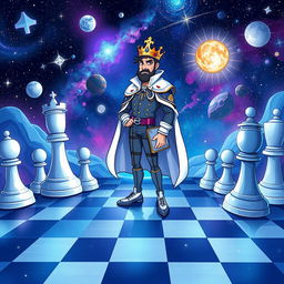 A whimsical illustration of a chess-themed space landscape featuring a regal prince character
