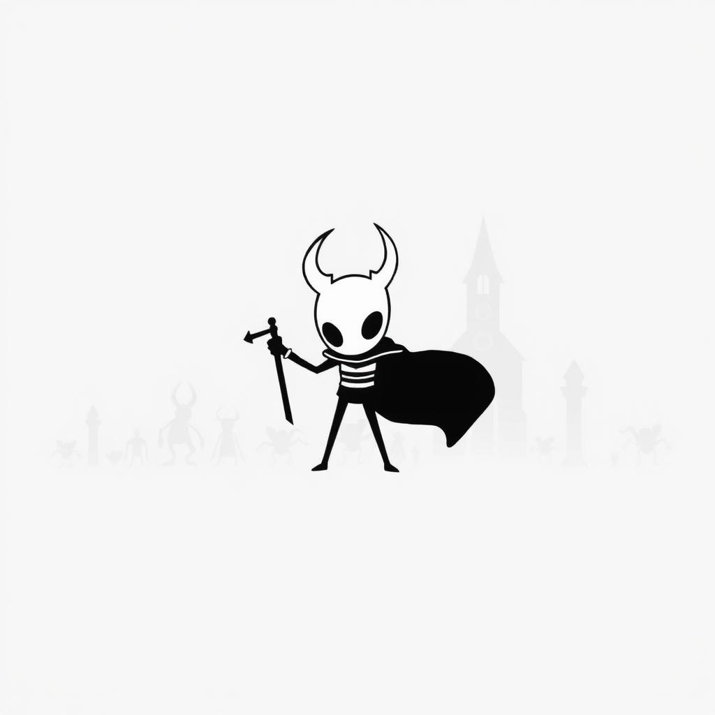 A minimalist and stylized black and white illustration inspired by Hollow Knight, featuring the main character, a small knight with a round head and slender body, wielding a nail weapon