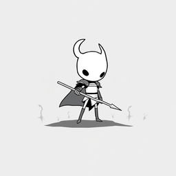 A minimalist and stylized black and white illustration inspired by Hollow Knight, featuring the main character, a small knight with a round head and slender body, wielding a nail weapon