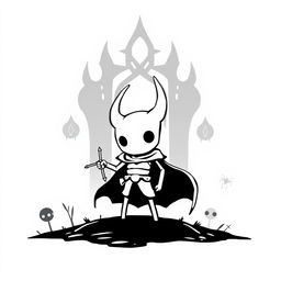 A minimalist and stylized black and white illustration inspired by Hollow Knight, featuring the main character, a small knight with a round head and slender body, wielding a nail weapon