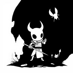 A minimalist and stylized black and white illustration inspired by Hollow Knight, featuring the main character, a small knight with a round head and slender body, wielding a nail weapon