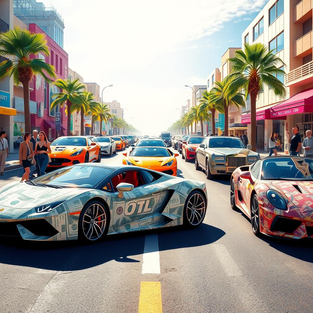 A stunning composition featuring cars made of money, illustrating a surreal world where luxurious sports cars and classic cars are constructed entirely from various denominations of banknotes