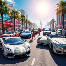 A stunning composition featuring cars made of money, illustrating a surreal world where luxurious sports cars and classic cars are constructed entirely from various denominations of banknotes