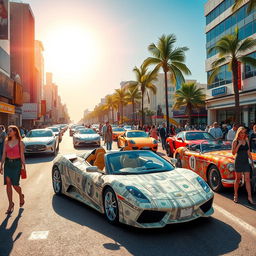 A stunning composition featuring cars made of money, illustrating a surreal world where luxurious sports cars and classic cars are constructed entirely from various denominations of banknotes