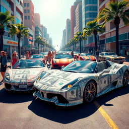 A stunning composition featuring cars made of money, illustrating a surreal world where luxurious sports cars and classic cars are constructed entirely from various denominations of banknotes