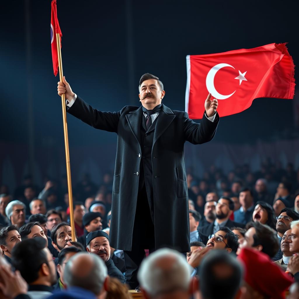 A man with a striking mustache styled like that of the Oghuz Turks, wearing an elegant black overcoat