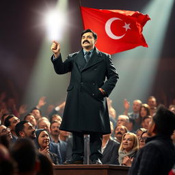 A man with a striking mustache styled like that of the Oghuz Turks, wearing an elegant black overcoat