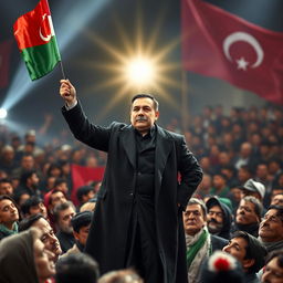 A man with a striking mustache styled like that of the Oghuz Turks, wearing an elegant black overcoat