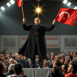 A man with a striking mustache styled like that of the Oghuz Turks, wearing an elegant black overcoat