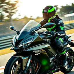 A dynamic scene featuring a person confidently riding a Kawasaki Ninja H2R motorcycle, showcasing the sleek design and aggressive aesthetics of the bike