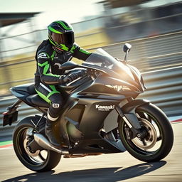 A dynamic scene featuring a person confidently riding a Kawasaki Ninja H2R motorcycle, showcasing the sleek design and aggressive aesthetics of the bike