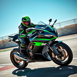 A dynamic scene featuring a person confidently riding a Kawasaki Ninja H2R motorcycle, showcasing the sleek design and aggressive aesthetics of the bike