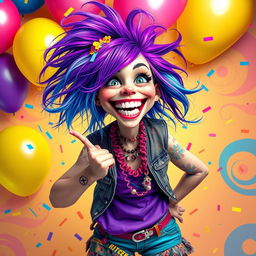 A wild and colorful scene depicting a crazy girl with vibrant hair in shades of blue and purple, wearing eclectic and mismatched clothing