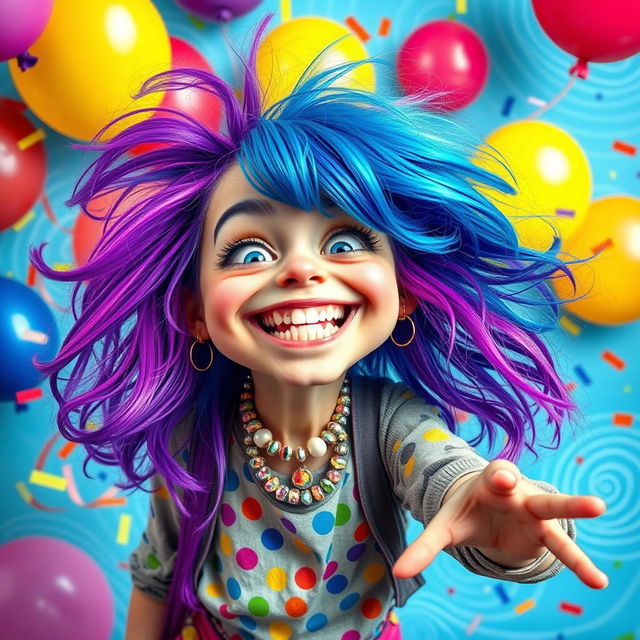 A wild and colorful scene depicting a crazy girl with vibrant hair in shades of blue and purple, wearing eclectic and mismatched clothing