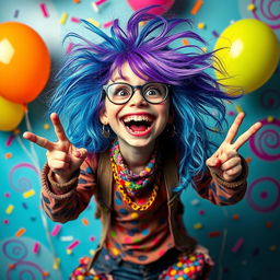 A wild and colorful scene depicting a crazy girl with vibrant hair in shades of blue and purple, wearing eclectic and mismatched clothing