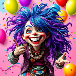 A wild and colorful scene depicting a crazy girl with vibrant hair in shades of blue and purple, wearing eclectic and mismatched clothing