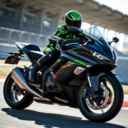 A dynamic scene featuring a person confidently riding a Kawasaki Ninja H2R motorcycle, showcasing the sleek design and aggressive aesthetics of the bike