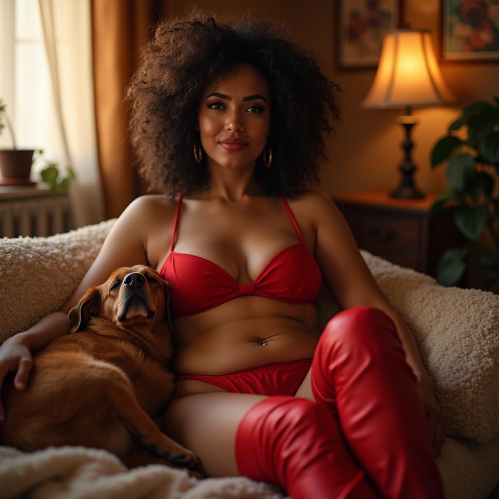 An Indian woman in her 40s, confidently showcasing her voluptuous figure in a vibrant red bikini set and thigh-high boots