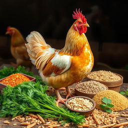 A realistic depiction of a laying hen (ayam petelur) prominently positioned in the center of the image