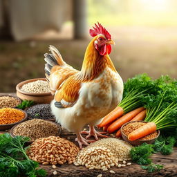 A realistic depiction of a laying hen (ayam petelur) prominently positioned in the center of the image