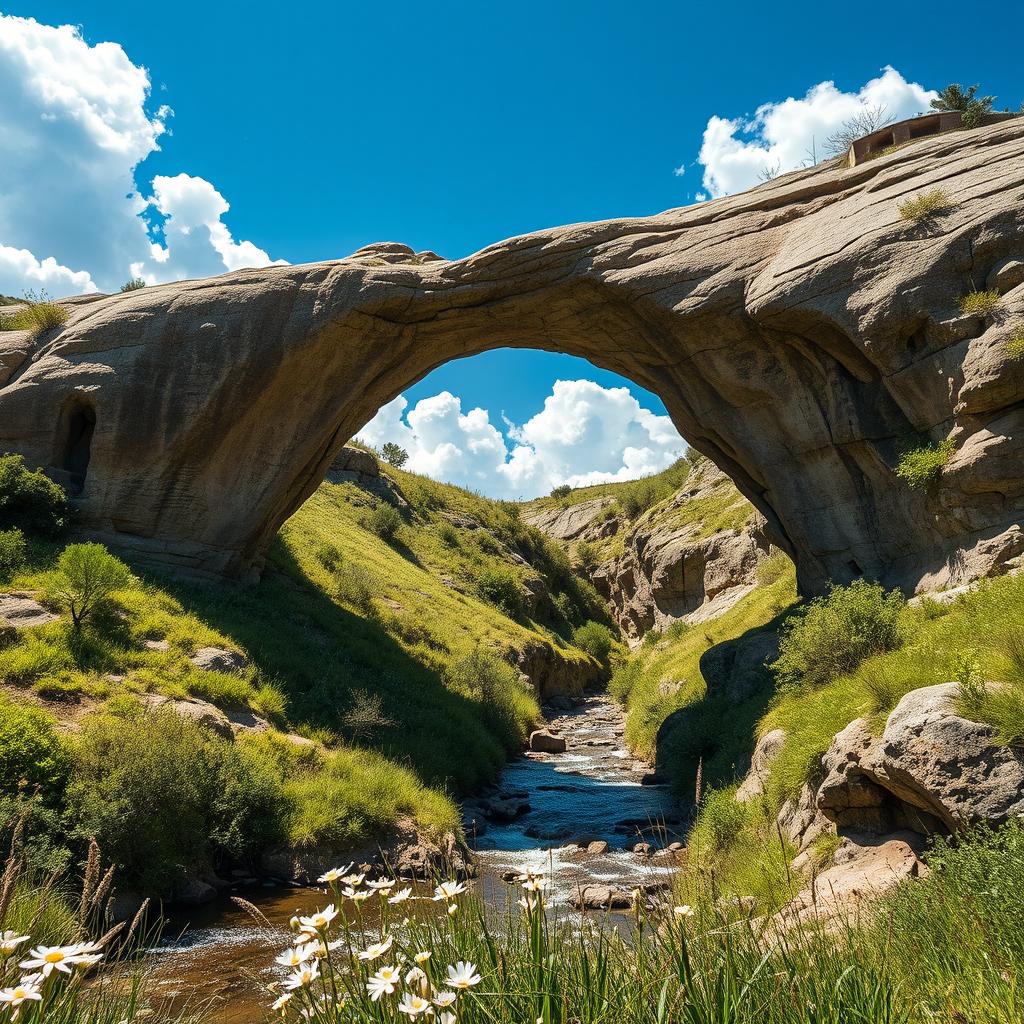 A breathtaking scene of a natural bridge formed by weathered rock, showcasing its impressive arch and the vibrant landscape surrounding it