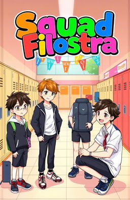 A vibrant school-themed cover for 'Squad Filostra', featuring two boys and five boys, all designed as fictional characters