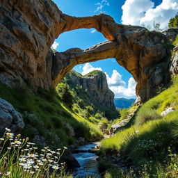 A breathtaking scene of a natural bridge formed by weathered rock, showcasing its impressive arch and the vibrant landscape surrounding it