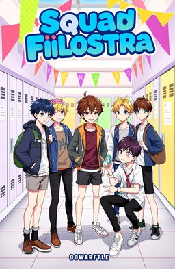 A vibrant school-themed cover for 'Squad Filostra', featuring two boys and five boys, all designed as fictional characters
