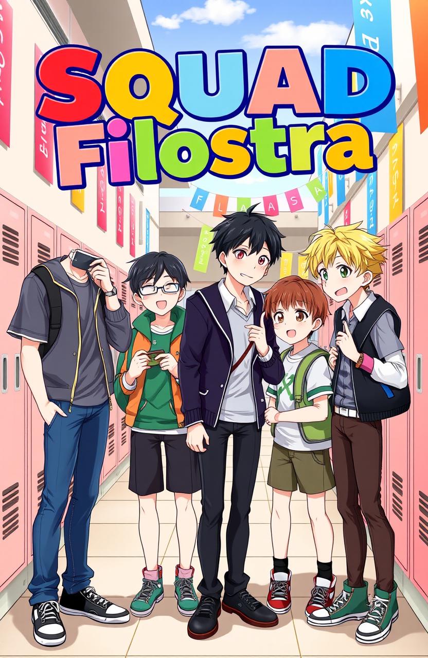 A vibrant school-themed cover for 'Squad Filostra', featuring two boys and five boys, all designed as fictional characters