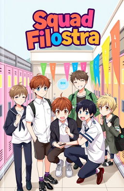 A vibrant school-themed cover for 'Squad Filostra', featuring two boys and five boys, all designed as fictional characters