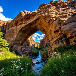 A breathtaking scene of a natural bridge formed by weathered rock, showcasing its impressive arch and the vibrant landscape surrounding it