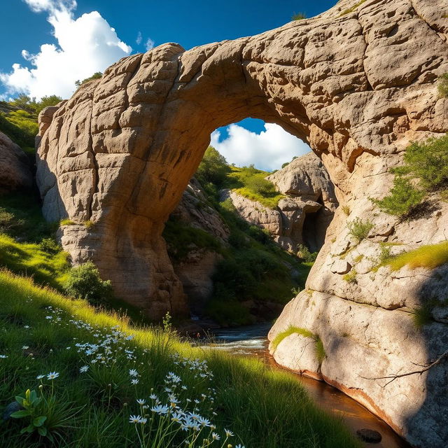 A breathtaking scene of a natural bridge formed by weathered rock, showcasing its impressive arch and the vibrant landscape surrounding it