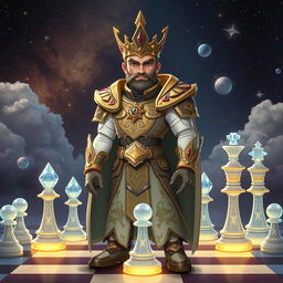 A majestic prince character designed for a chess-themed space universe, wearing an ornate chess piece-inspired armor with intricate patterns and textures