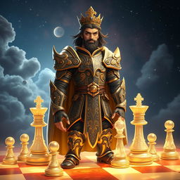 A majestic prince character designed for a chess-themed space universe, wearing an ornate chess piece-inspired armor with intricate patterns and textures